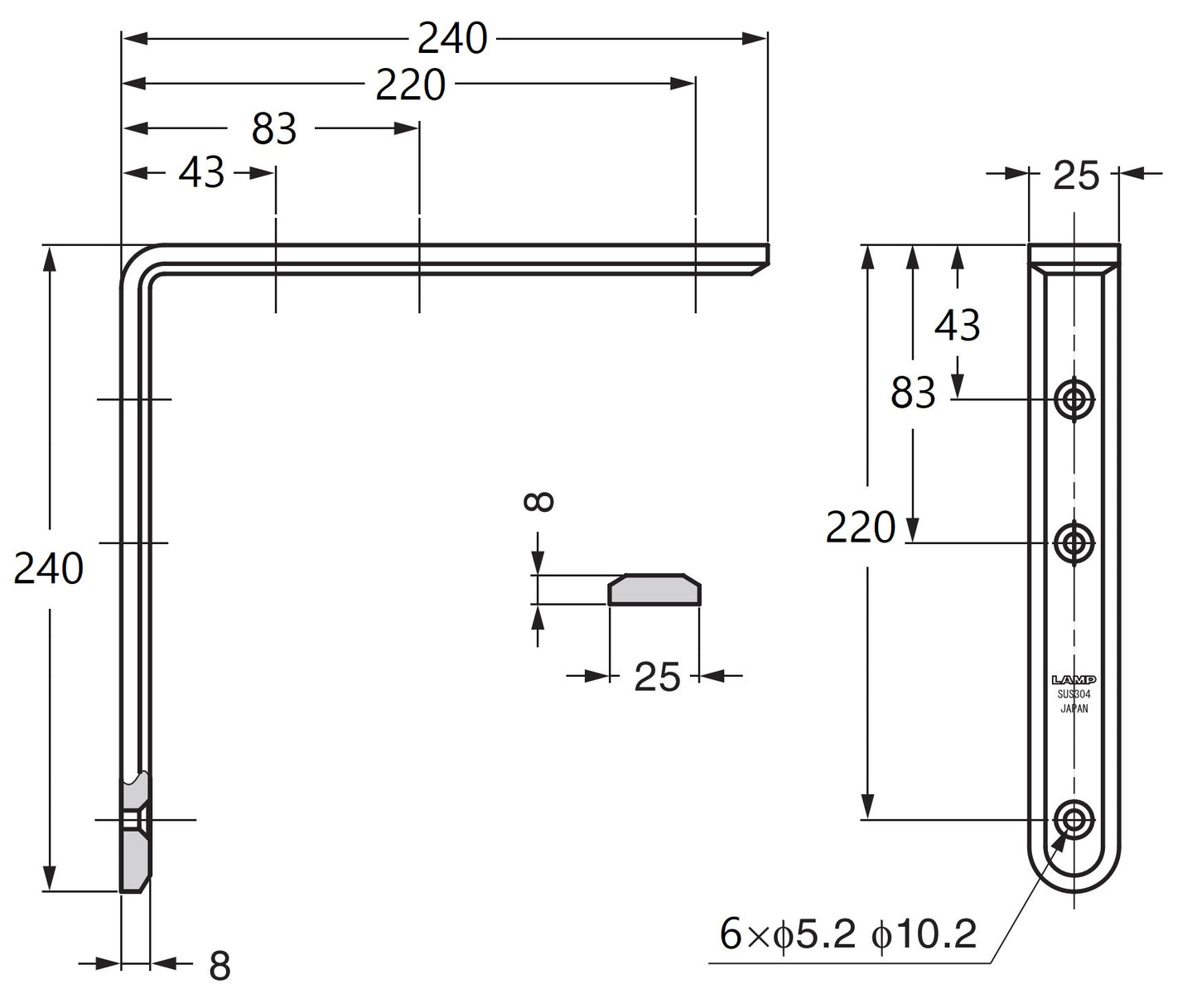 2 pieces of corrosion-resistant, robust mounting brackets, made of solid stainless steel, load capacity: 24 kg, surface: glossy polished, 240 mm (9.5"), XL-SA01-240M. Shelf brackets for shelves and much more, from Sugatsune / LAMP® (Japan)
