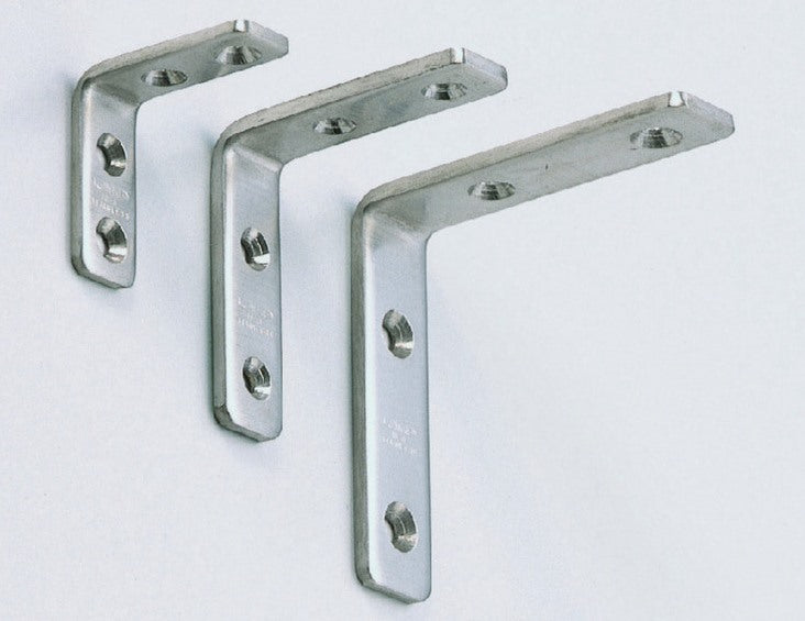 2 pieces of corrosion-resistant, robust mounting brackets, made of solid stainless steel, load capacity: 12 kg, surface: glossy polished, 30 mm (1.2"), SU-30M. Shelf brackets for shelves, trays, and much more, from Sugatsune / LAMP® (Japan)