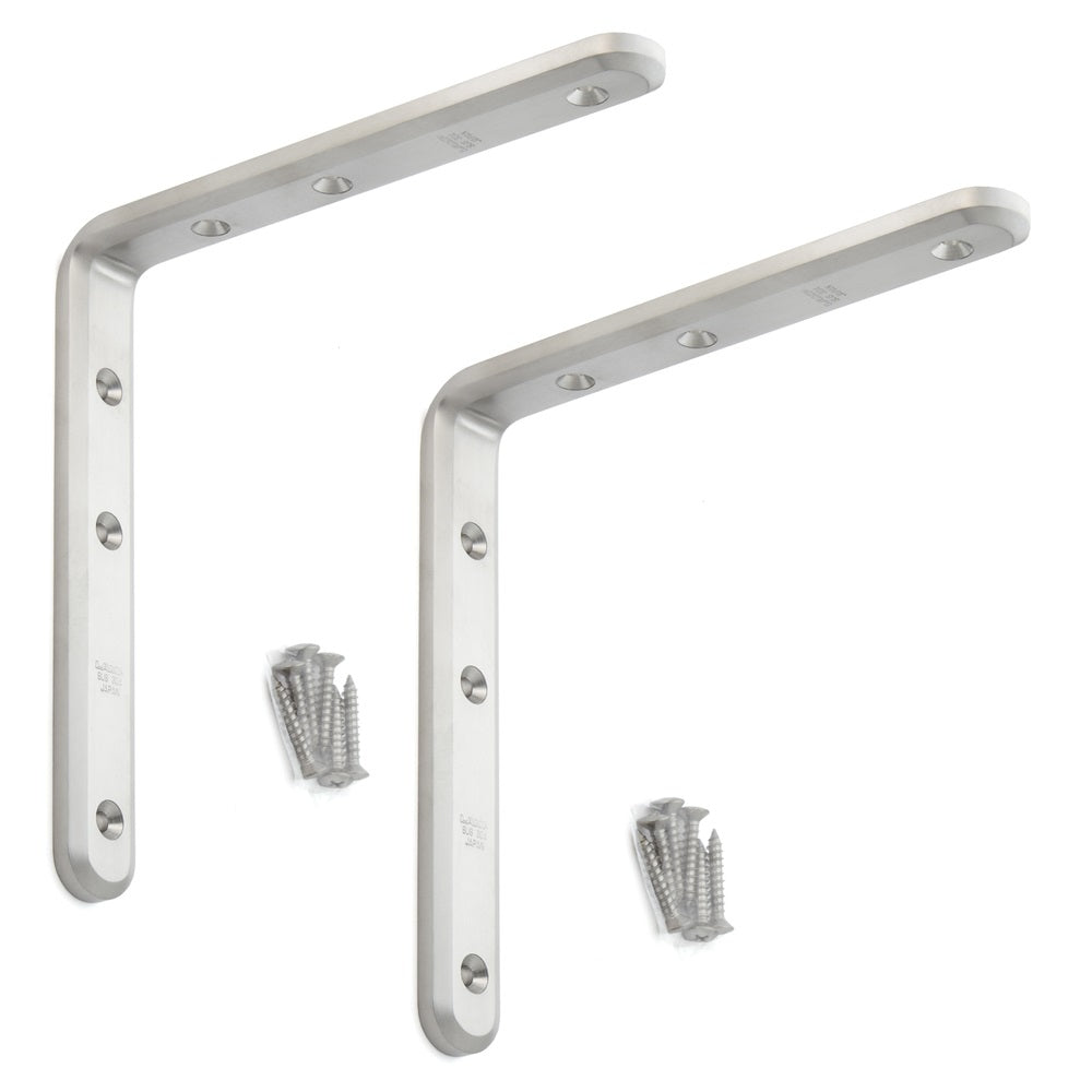 2 pieces of corrosion-resistant, robust mounting brackets, made of solid stainless steel, load capacity: 28 kg, surface: satin matte, 180 mm (7.1"), XL-SA01-180S. Shelf brackets for shelves and much more, from Sugatsune / LAMP® (Japan)