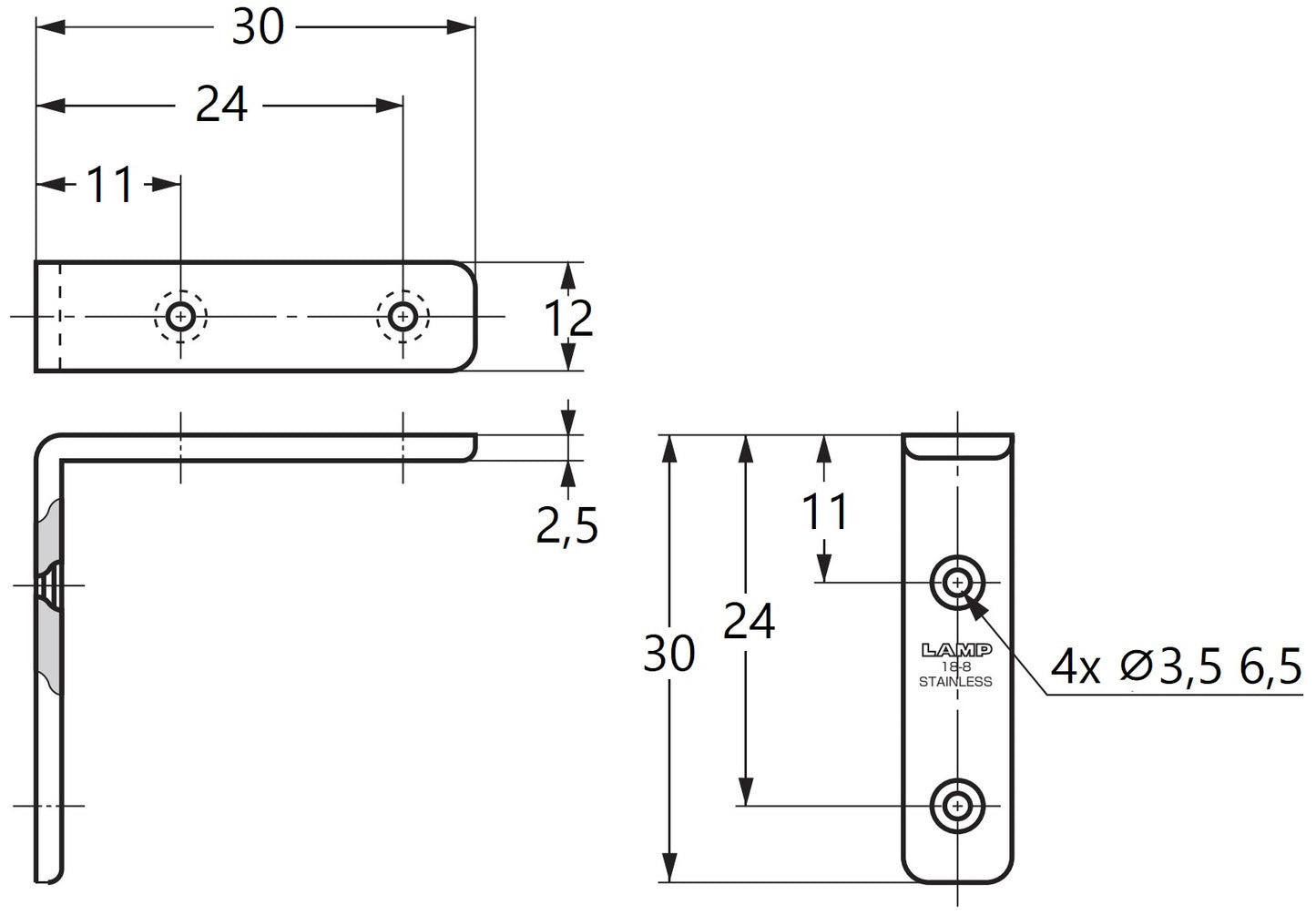 2 pieces of corrosion-resistant, robust mounting brackets, made of solid stainless steel, load capacity: 12 kg, surface: satin matte, 30 mm (1.2"), SU-30S. Shelf brackets for shelves, dividers, and much more, from Sugatsune / LAMP® (Japan)