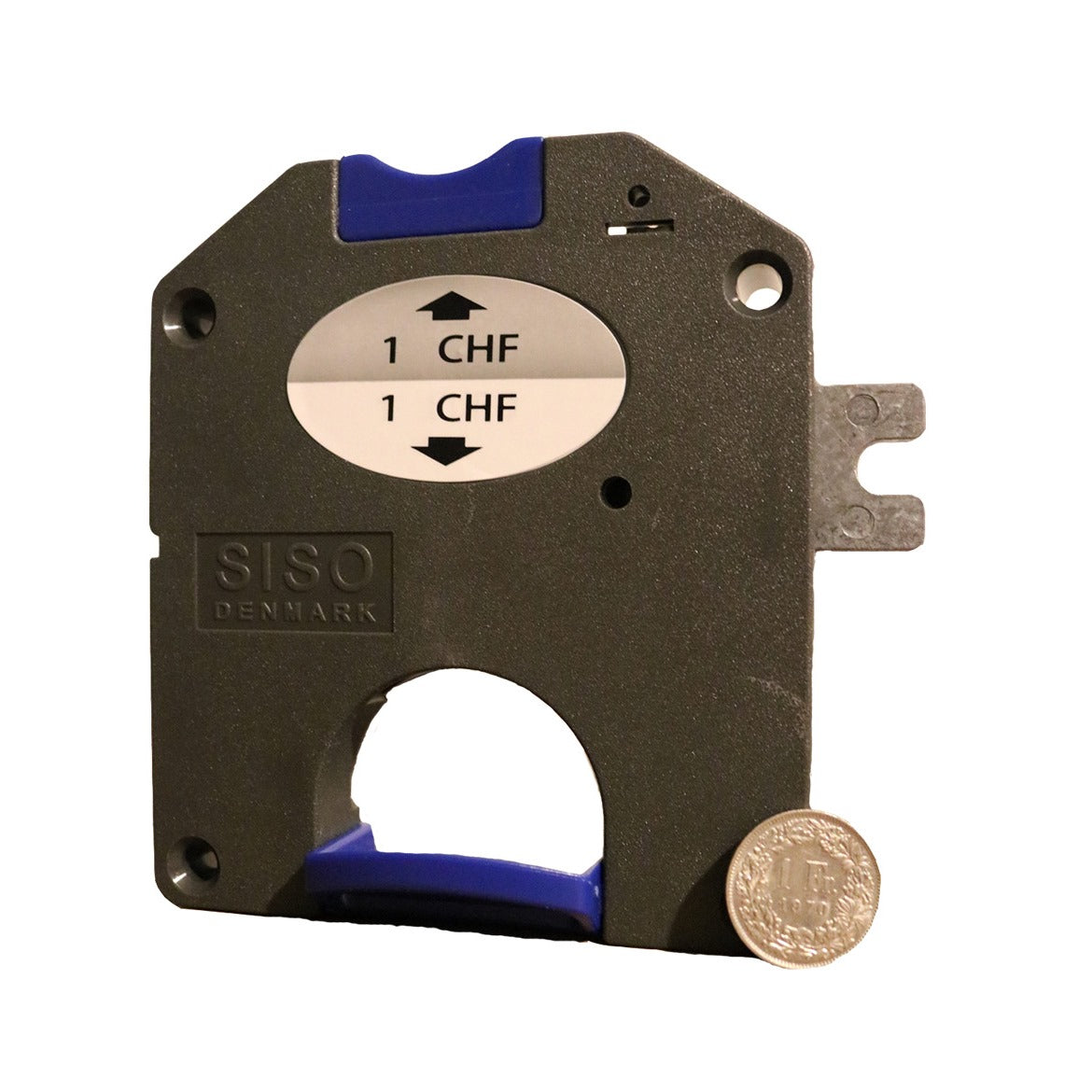 Münzpfandschloss mit CHF 1.- Einwurf, inkl. 2 Schlüsseln, Oberfläche: dunkelgrau, 110 mm (4,4″), Ausführung: linksschließend, 14.60.249-C. Spindschloss für Spind, Umkleidespind, Schulspind, Umkleideschrank und viel mehr, von SISO Denmark