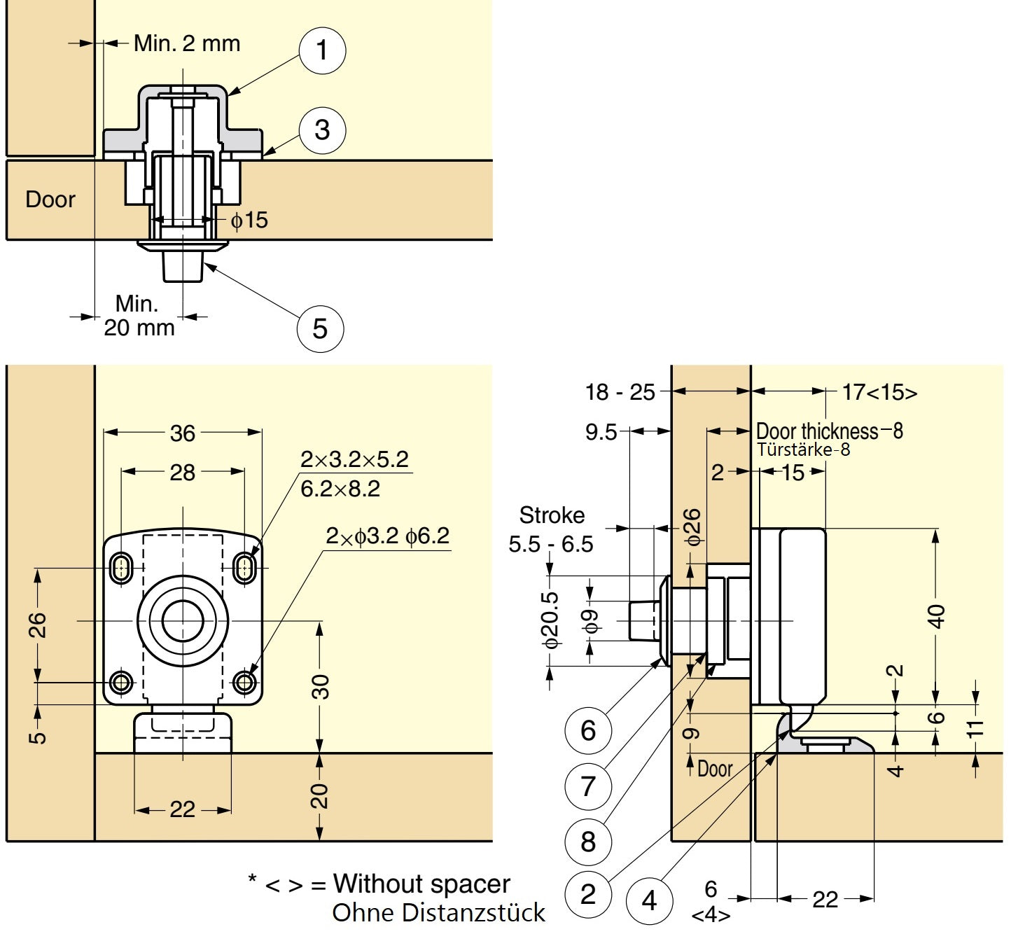 Push-button lock for thick furniture doors from 22 to 25 mm, surface: brown, SL-B251-BR for motorhome conversion, yacht interior construction, caravan furniture