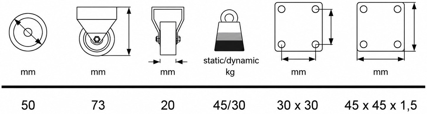 4 heavy-duty furniture casters, load capacity: 120 kg, diameter: ⌀50 mm (1-31/32″), 08.12.150-1 for furniture, cabinets, rolling containers, shelves, side tables