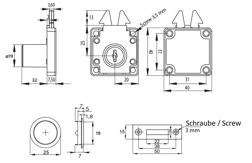 Hochwertiges Rollladenschloss mit Klappschlüsseln und Generalschlüsselsystem J11, Oberfläche: vernickelt, 14.01.459-1 für Rollladen, Möbelschiebetür