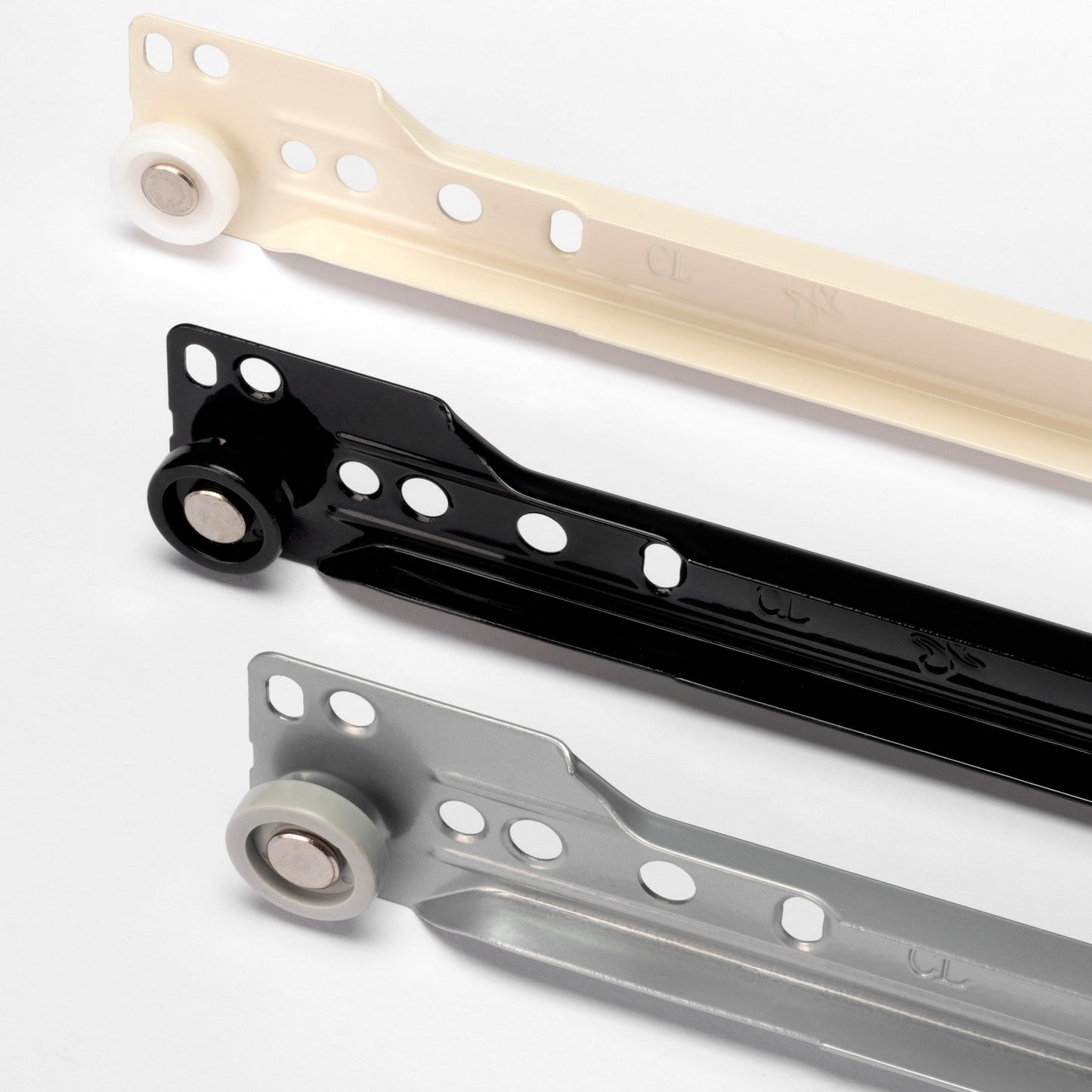 Roller drawer runners, partial extension, painted white, RAL 9001, 450 mm (17.8"). Steel guide rails with partial extension, for wooden drawers, pull-out shelves, wooden drawers, kitchen furniture, office furniture, and home furniture, by EMUCA