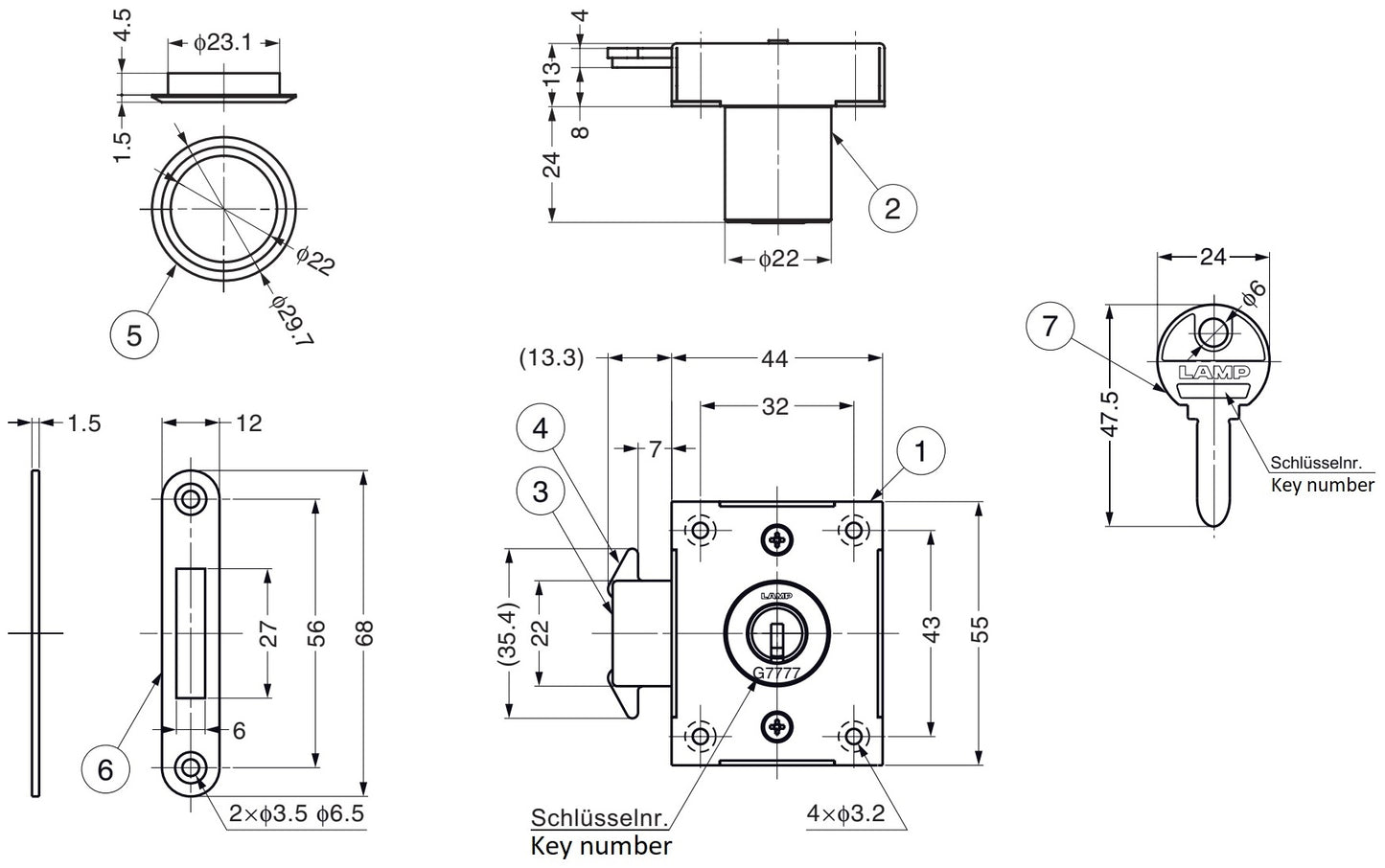 Sliding door lock, made of stainless steel SUS304, surface: chrome-plated, design: different locking, 7810K-24-CR-RB for sliding door