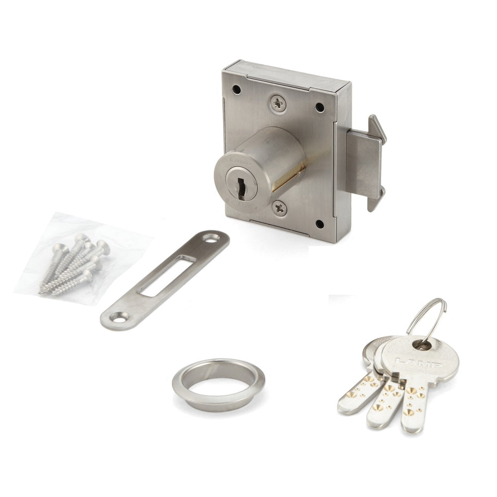 Sliding door lock, made of stainless steel SUS304, surface: nickel-plated, satin matt, design: keyed alike, 7810K-24-SNI-RD for sliding door