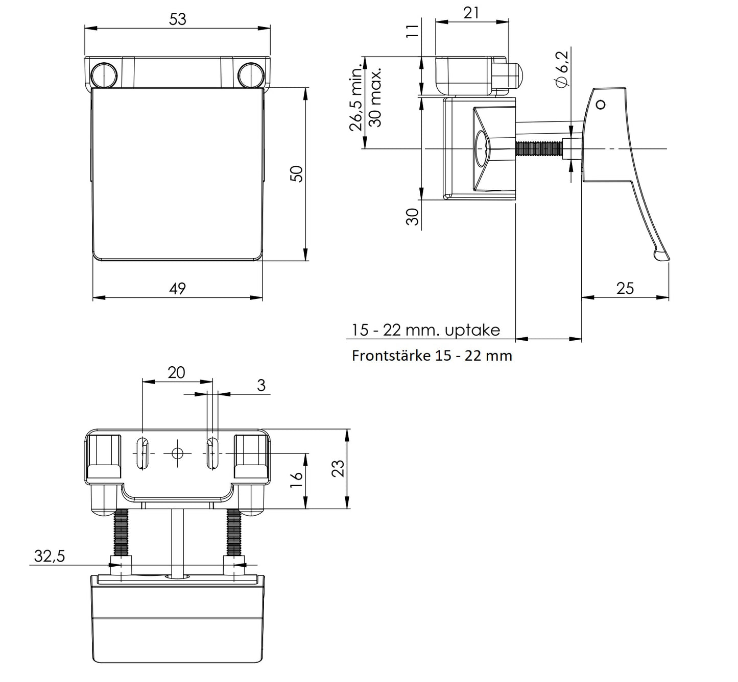 Robuster Schnappschloss mit Hebegriff, aus Zamak, Oberfläche: schwarz, Ausführung: quadratisch, 14.03.076-0. Hebegriff mit selbst einrastendem Schloss und Soft-Close für Wohnwagen, Yacht und viel mehr, von SISO Denmark