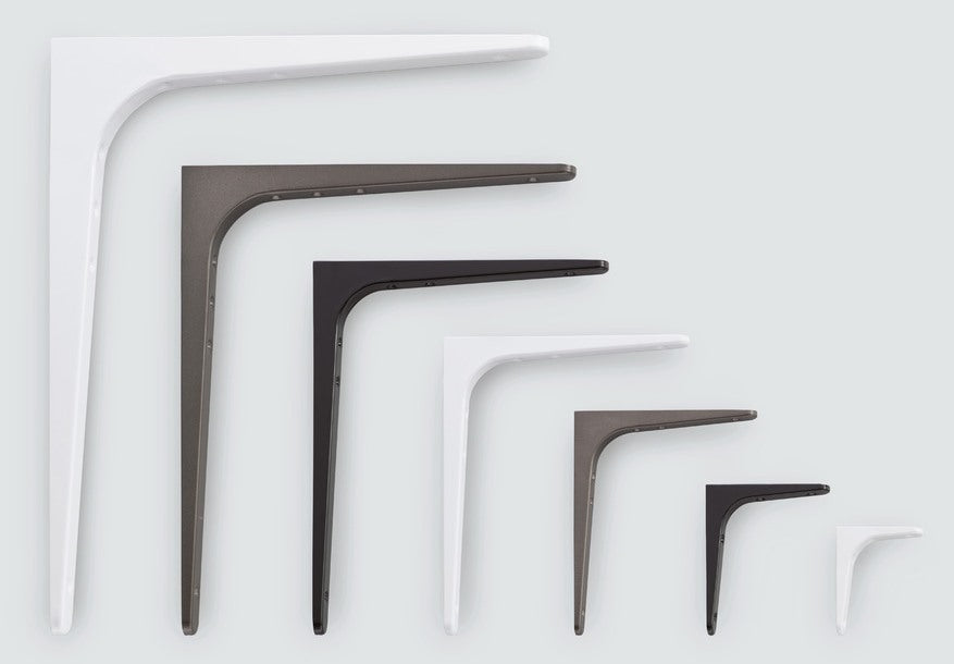 2 high-quality heavy-duty mounting brackets, load capacity: 70 kg (155 lbs), finish: Umbra, 301 mm (11.9"), BTK-300UM. Heavy-duty shelf brackets for shelves, dividers, shelves, corner joints, and much more, from Sugatsune / LAMP® (Japan)