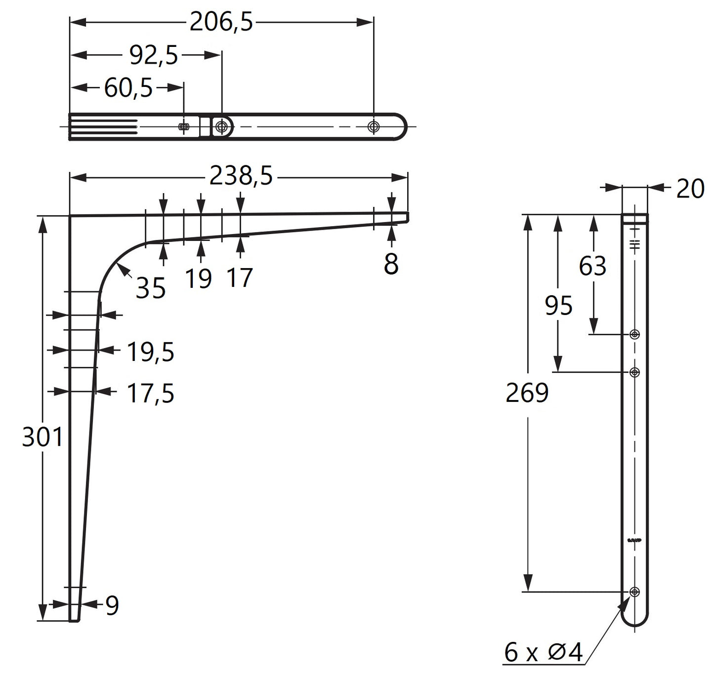 2 high-quality heavy-duty mounting brackets, load capacity: 70 kg (155 lbs), finish: Umbra, 301 mm (11.9"), BTK-300UM. Heavy-duty shelf brackets for shelves, dividers, shelves, corner joints, and much more, from Sugatsune / LAMP® (Japan)