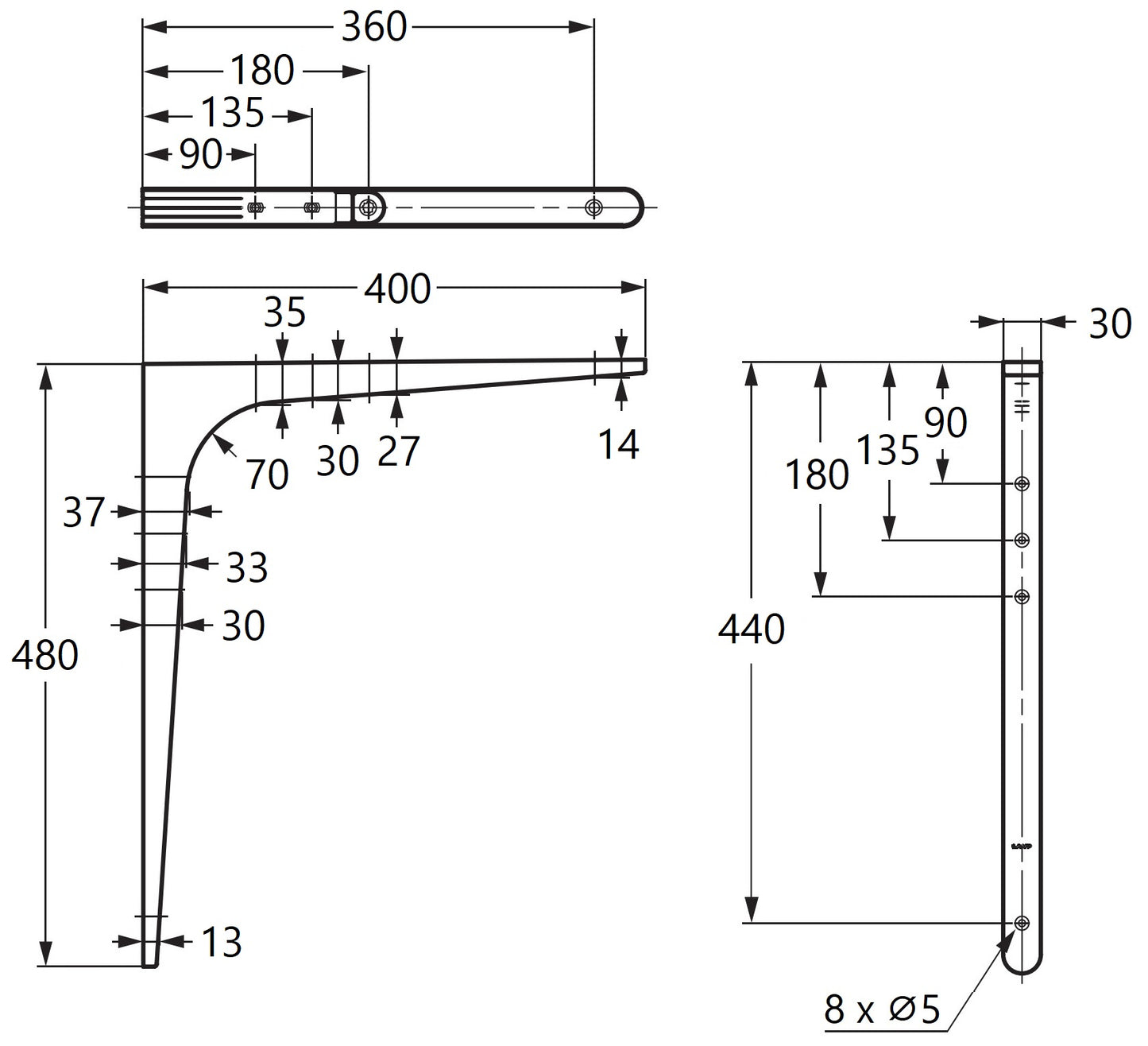 2 high-quality heavy-duty mounting brackets, load capacity: 130 kg (287 lbs), finish: white, 480 mm (18.9"), BTK-480W. Heavy-duty shelf brackets for shelves, dividers, shelves, corner joints, and much more, from Sugatsune / LAMP® (Japan)