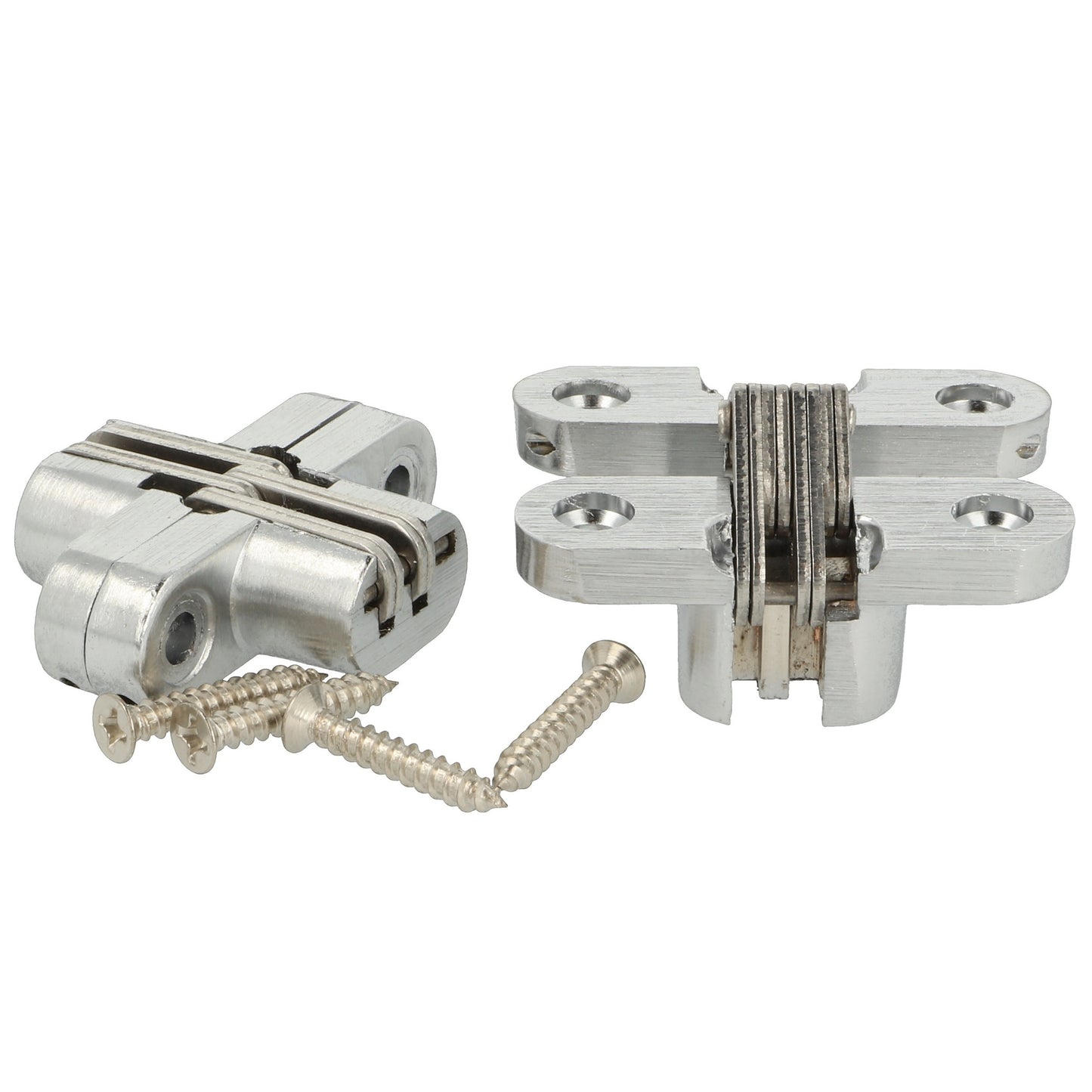 2 Stück hochwertige unsichtbare Kreuz-Scharniere 45 x 13mm aus Zamak, Edelstahl-Look, inkl. Schrauben. Verdecktes Möbelband von UMAXO®, 180° klappbar. Verstecktes Möbelscharnier (vici hinge) zum einlassen