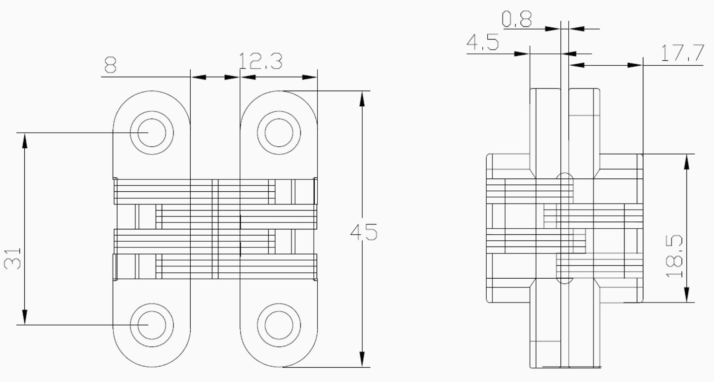 2 Stück hochwertige unsichtbare Kreuz-Scharniere 45 x 13mm aus Zamak, Edelstahl-Look, inkl. Schrauben. Verdecktes Möbelband von UMAXO®, 180° klappbar. Verstecktes Möbelscharnier (vici hinge) zum einlassen