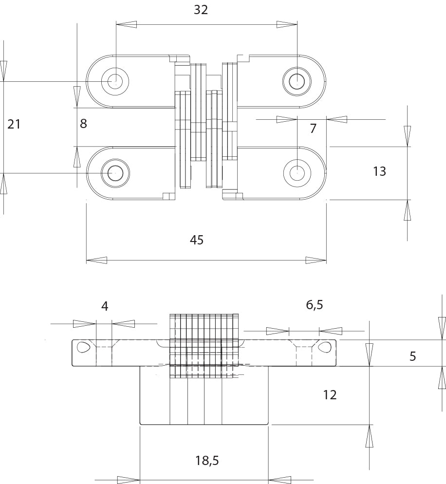 2 Stück hochwertige unsichtbare Kreuz-Scharniere 45 x 13mm aus Zamak, Edelstahl-Look, inkl. Schrauben. Verdecktes Möbelband von UMAXO®, 180° klappbar. Verstecktes Möbelscharnier (vici hinge) zum einlassen