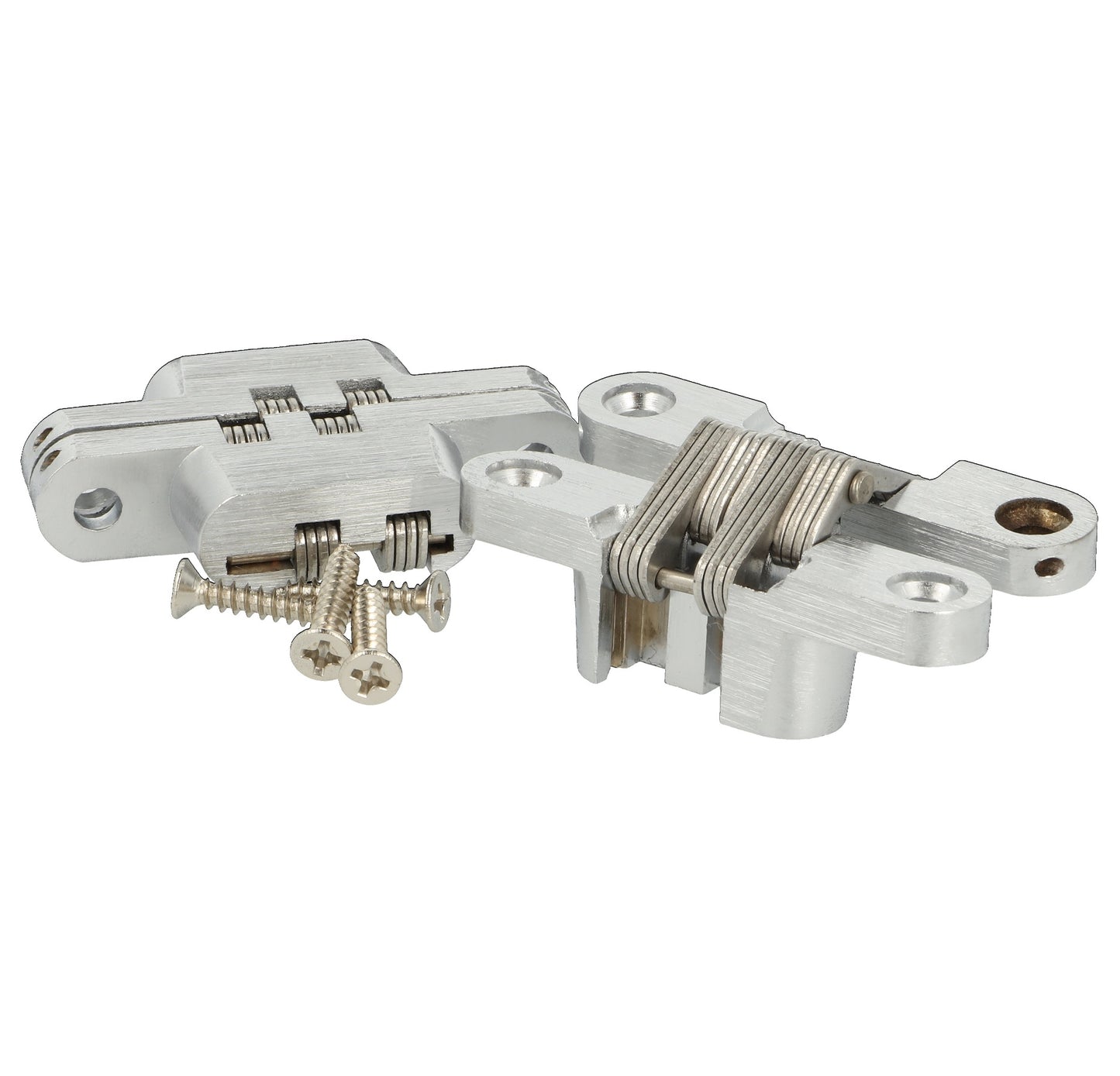 2 Stück hochwertige unsichtbare Kreuz-Scharniere 60 x 13mm aus Zamak, Edelstahl-Look, inkl. Schrauben. Verdecktes Möbelband von UMAXO®, 180° klappbar. Verstecktes Möbelscharnier (vici hinge) zum einlassen