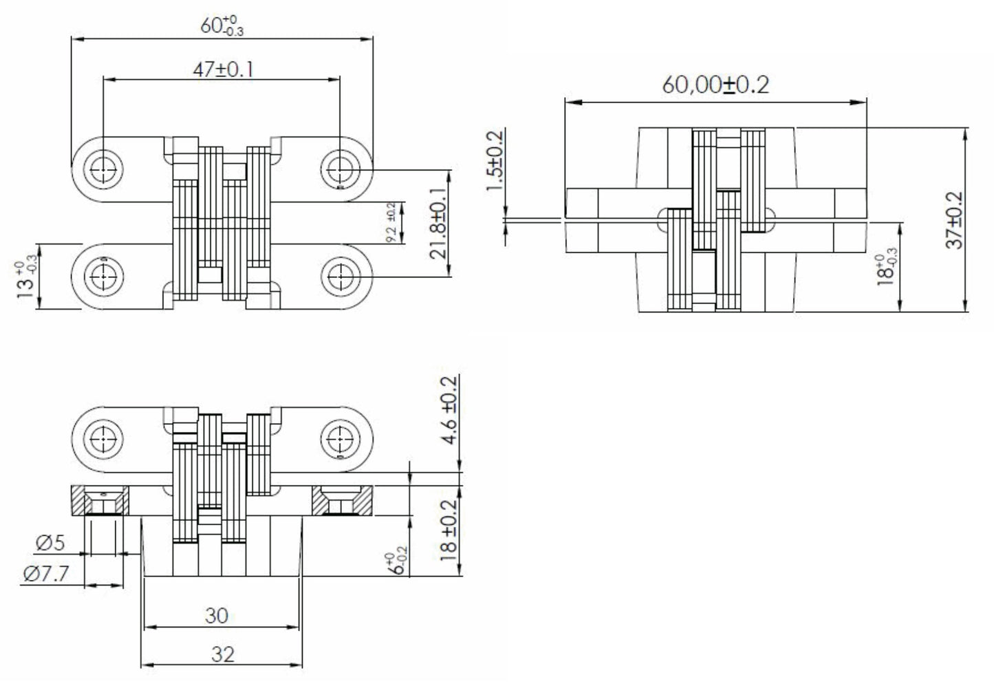 2 Stück hochwertige unsichtbare Kreuz-Scharniere 60 x 13mm aus Zamak, Edelstahl-Look, inkl. Schrauben. Verdecktes Möbelband von UMAXO®, 180° klappbar. Verstecktes Möbelscharnier (vici hinge) zum einlassen