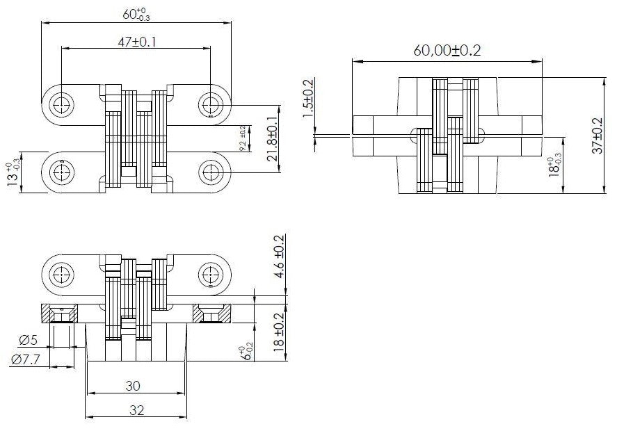 2 Stück hochwertige unsichtbare Kreuz-Scharniere 95 x 19mm aus Zamak, Edelstahl-Look, inkl. Schrauben. Verdecktes Möbelband von UMAXO®, 180° klappbar. Möbelscharnier (vici hinge) zum einlassen