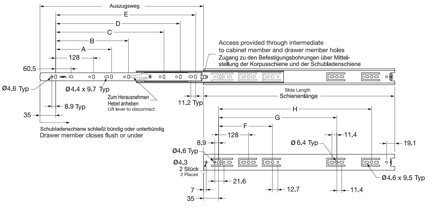 High-quality, corrosion-resistant, full-extension telescopic slides made of stainless steel. Removable drawer slides for harsh and humid environments. 37mm drawer slides from Sugatsune / LAMP® (Japan)