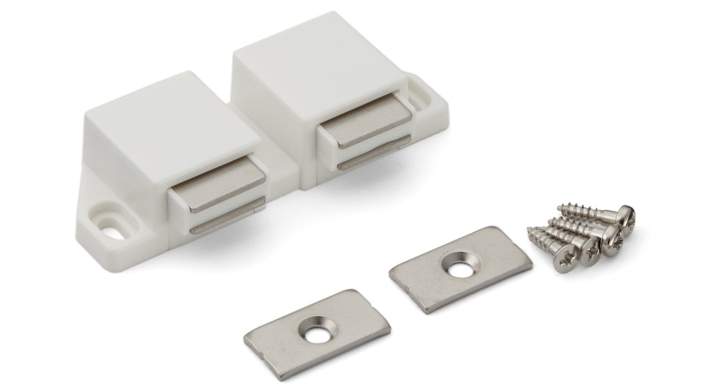 Compact magnetic push-button catch, including counterplate, surface: white, 25 mm (63/64″), design: with 2 plungers, ML-30WW for furniture doors, cabinet doors