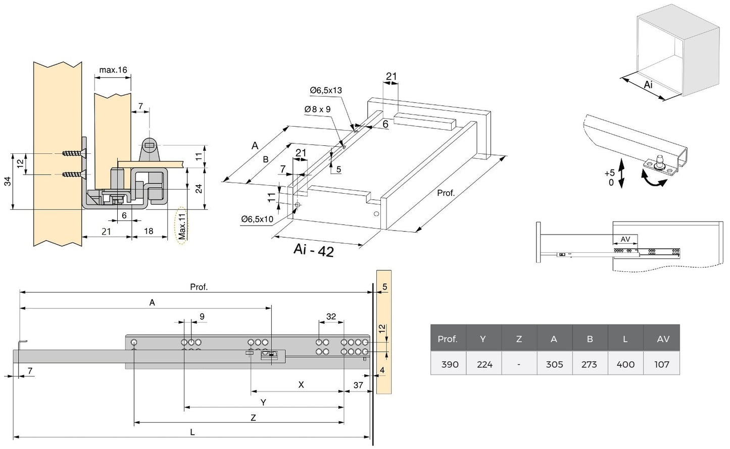 Unterflurführungen, Tragkraft: 25 kg (56 lbs), 400 mm (15-3/4″), Ausführung: Teilauszug mit Push-to-open, 3123305 für Holzschublade, Holztablar