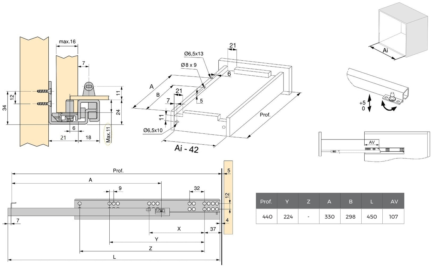 Unterflurführungen, Tragkraft: 25 kg (56 lbs), 450 mm (17-23/32″), Ausführung: Teilauszug mit Push-to-open, 3123405 für Holzschublade, Holztablar