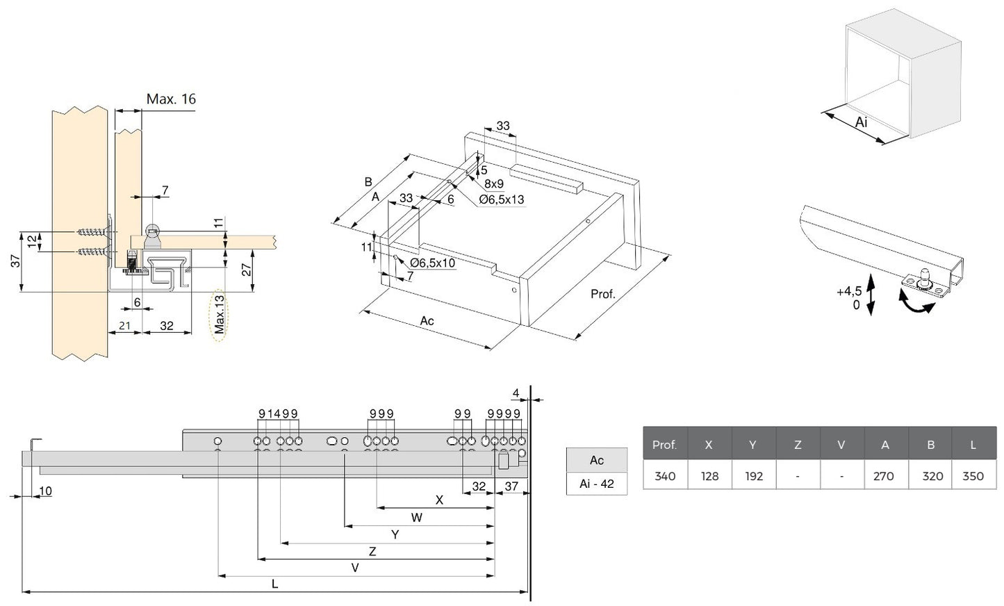 Glissières sous plancher, capacité de charge : 30 kg (67 lb), 350 mm (13-25/32″), extension complète avec fermeture en douceur, 3124205 pour tiroir en bois, tiroir en bois, étagère en bois