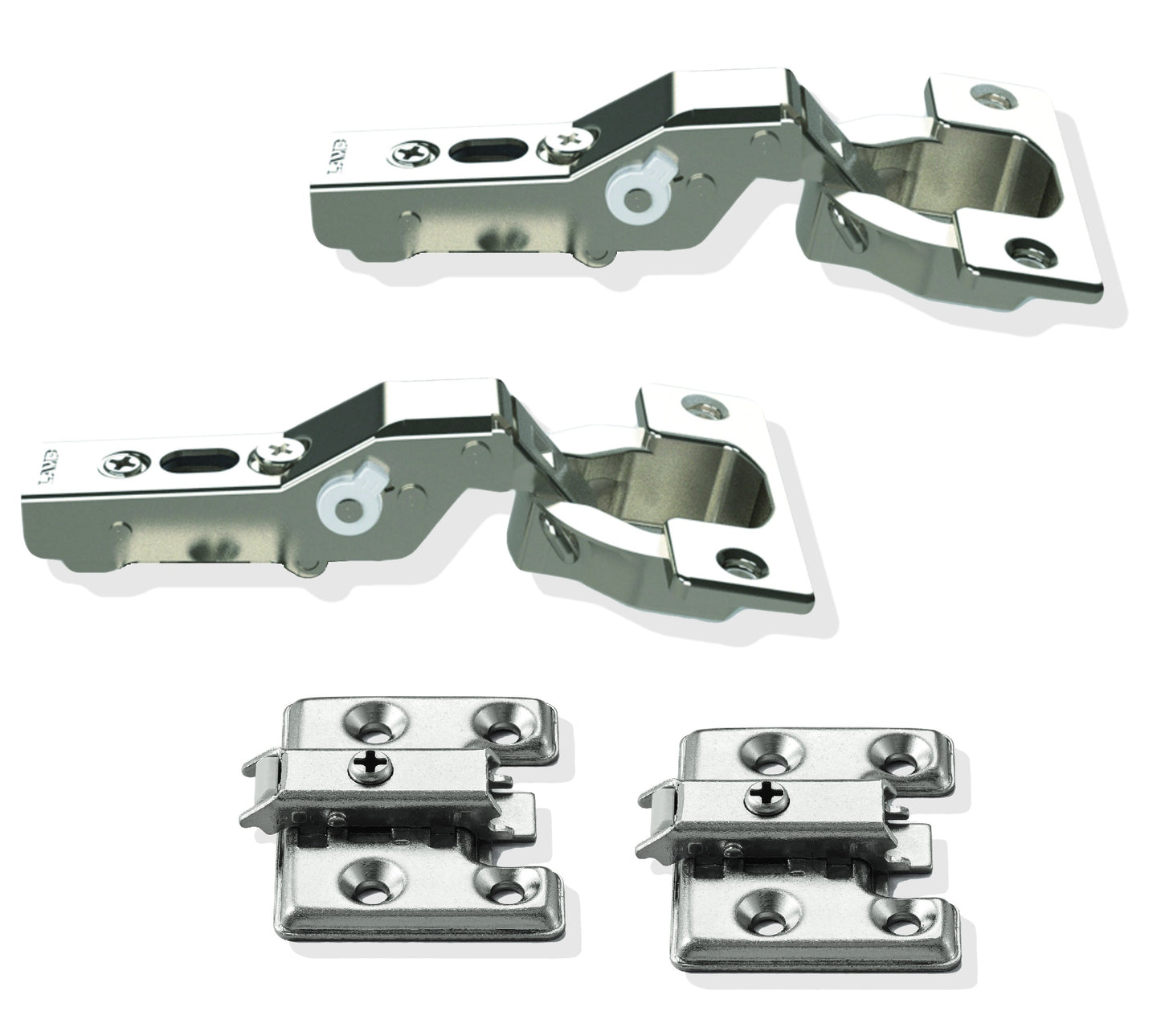Two dampened heavy-duty furniture hinges for extra heavy and extra thick doors up to 30 mm! With adjustable damper and mounting plates. Cup hinge, furniture hinge with 40 mm cup size from LAMP® / Japan