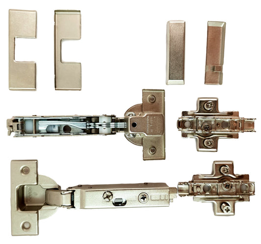SET: 2 x GRASS Tiomos furniture hinges (cup hinge), with soft-close dampened, 110°, 2 x cross mounting plates and 4 x cover caps.