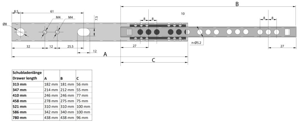 Set of 2 (1 pair) drawer runners with 17mm groove, drawer slides. Partial extension drawer slides, high-quality drawer slides, drawer slide system from UMAXO®