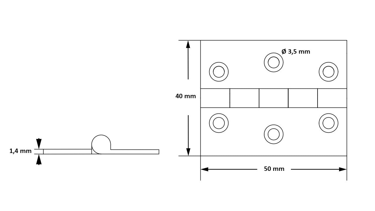 2 high-quality furniture hinges made of brass, perforated, 50x40x1.4 mm; sanded