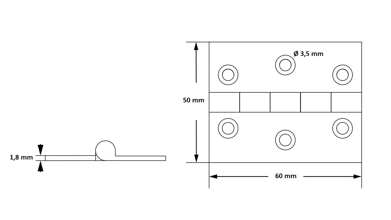 2 high-quality brass furniture hinges, perforated, 60 x 50 x 1.8 mm; polished. Furniture hinge 15.13.125 from SISO Denmark