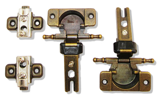 Two UMAXO 180° single-pivot hinges (for rebated doors) made of Zamak, burnished brass. SET (2 hinges, 2 mounting plates). As a replacement for NEXIS SLIDE-ON 80 (MEPLA)