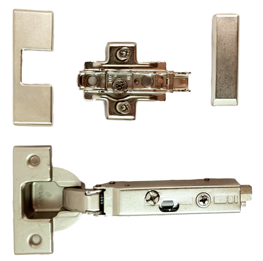 SET: GRASS Tiomos furniture hinge (cup hinge), damped, 110°, cross-shaped mounting plate and 2 cover caps
