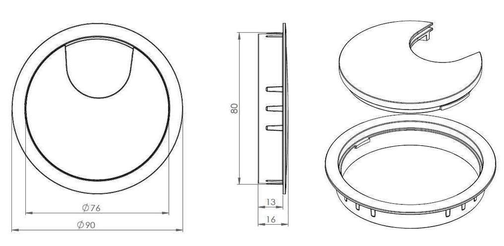 High-quality, solid Zamak cable grommet, Ø80 mm for desks with brush seal, finish: black. Desk cable management cable outlet from SISO / Denmark