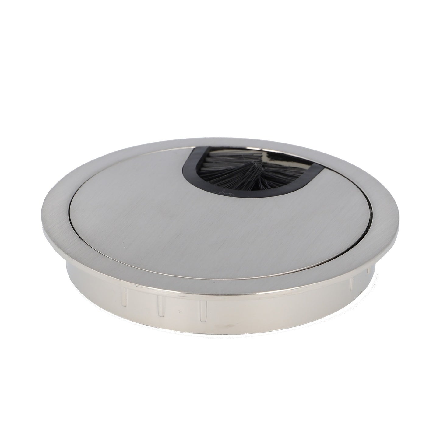 Goulotte de câbles solide de haute qualité en Zamak, Ø80 mm pour bureau avec joint à brosse, surface : aspect acier inoxydable. Gestion des câbles de table, sortie de câbles de SISO / Danemark