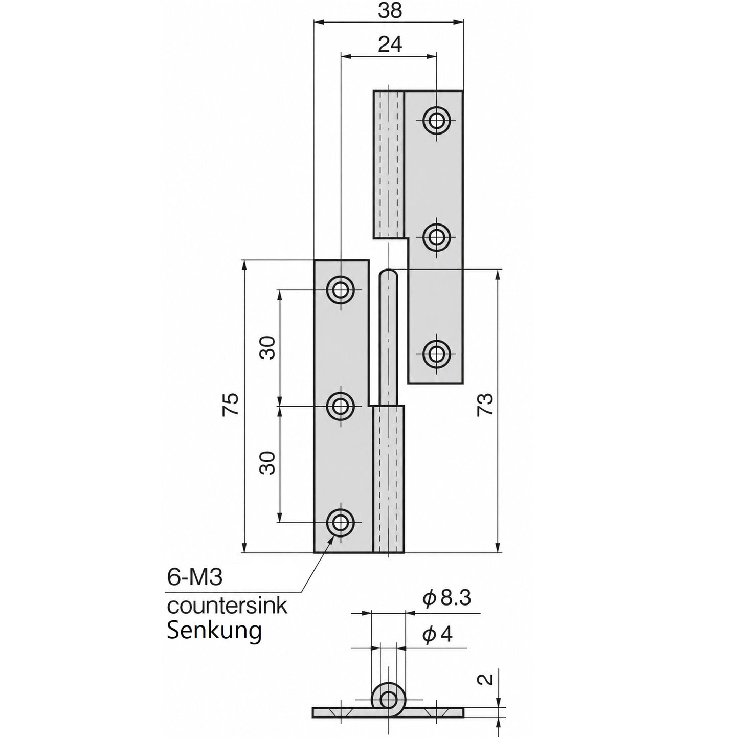 2 paumelles hautes performances en acier inoxydable SUS304, capacité de charge : 15 kg, hauteur : 75 mm (2-61/64″), droite, B-1004-1-R pour portes, trappes de maintenance