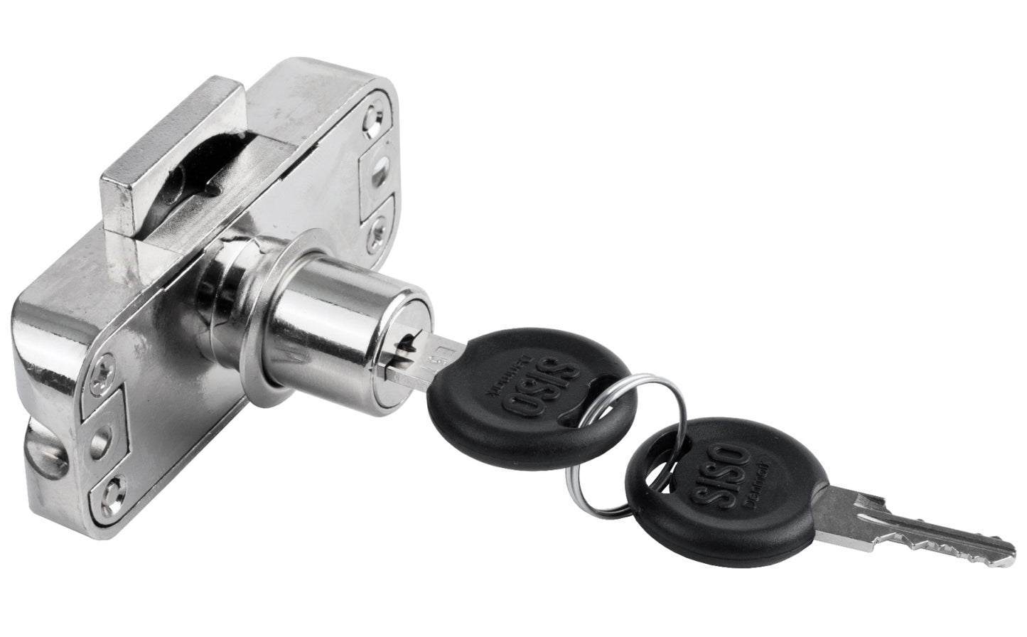 Espagnolette lock including two 1200 mm espagnolette bars, keyed alike, right-hand closing, nickel-plated finish, 14.05.268+2x14.05.725. Espagnolette lock for furniture, cabinets, wardrobes, and much more, set for one cabinet door, from SISO Denmark