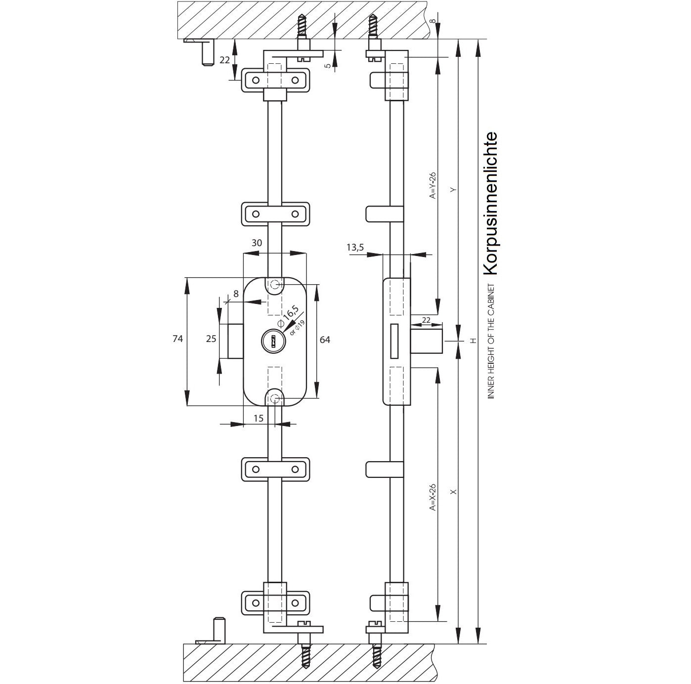 Espagnolette lock including two 1200 mm espagnolette bars, keyed alike, right-hand closing, nickel-plated finish, 14.05.268+2x14.05.725. Espagnolette lock for furniture, cabinets, wardrobes, and much more, set for one cabinet door, from SISO Denmark