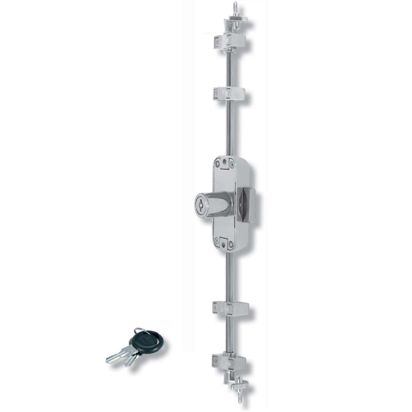 Espagnolette lock including two 1200 mm espagnolette bars, keyed alike, right-hand closing, nickel-plated finish, 14.05.268+2x14.05.725. Espagnolette lock for furniture, cabinets, wardrobes, and much more, set for one cabinet door, from SISO Denmark