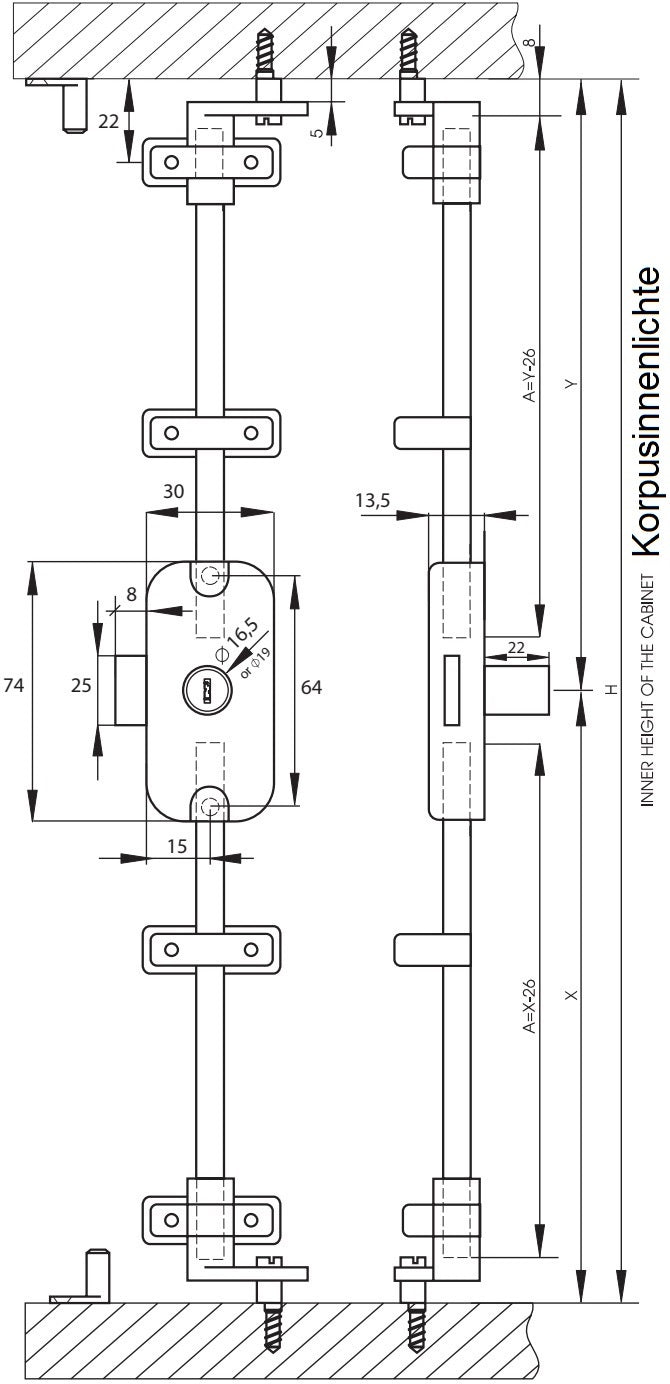 Surface-mounted espagnolette lock, keyed alike, right-hand locking, 16.5 mm (0.7"). Nickel-plated zamac espagnolette lock for furniture, cabinets, wardrobes, and office cabinets. Set for one cabinet door, by SISO Denmark