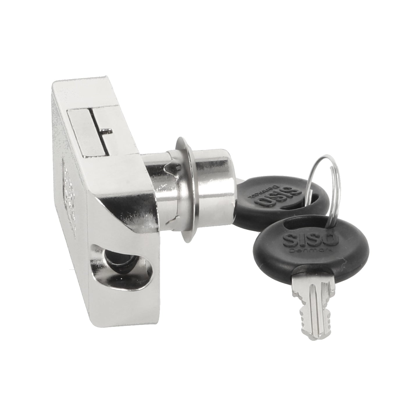 Surface-mounted espagnolette lock, keyed alike, right-hand locking, 16.5 mm (0.7"). Nickel-plated zamac espagnolette lock for furniture, cabinets, wardrobes, and office cabinets. Set for one cabinet door, by SISO Denmark