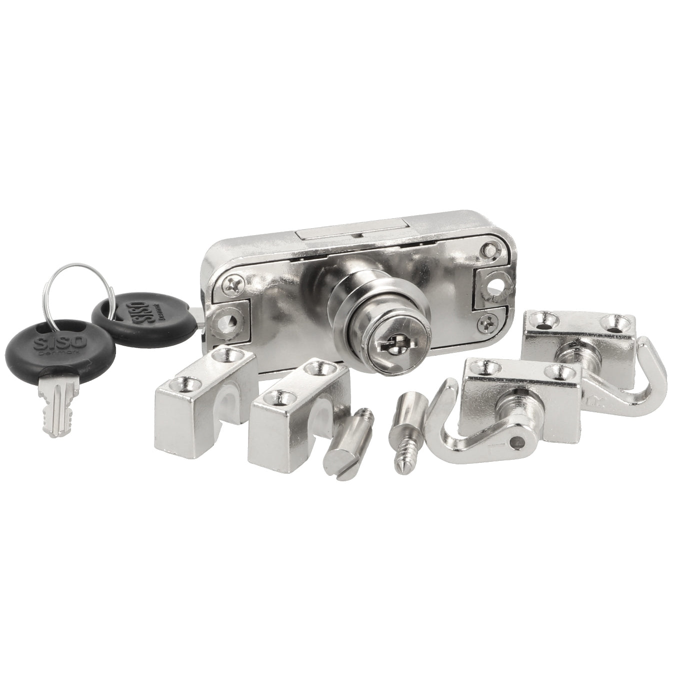 Surface-mounted espagnolette lock, keyed alike, right-hand locking, 16.5 mm (0.7"). Nickel-plated zamac espagnolette lock for furniture, cabinets, wardrobes, and office cabinets. Set for one cabinet door, by SISO Denmark