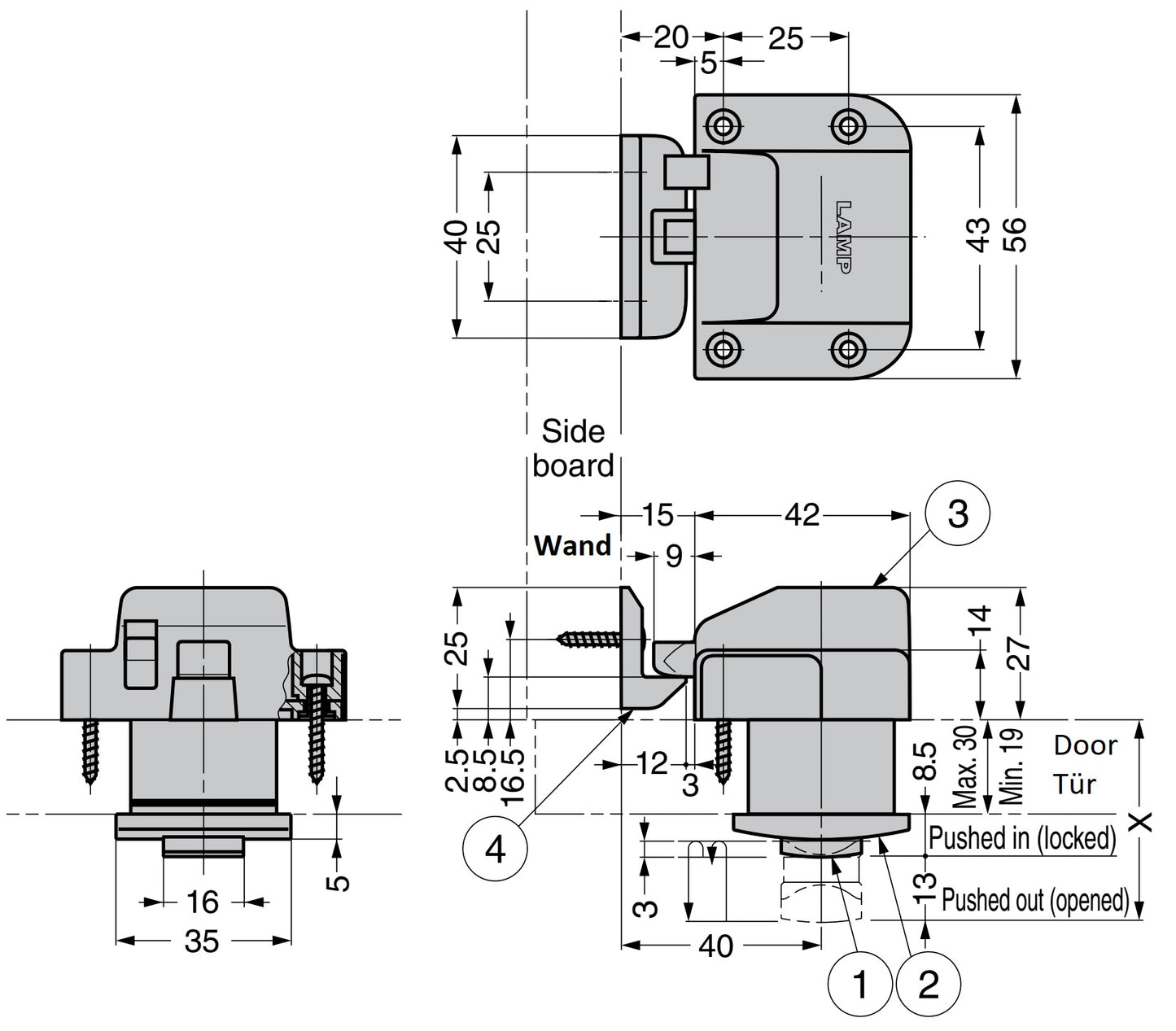 Bouton-pression de haute qualité avec fonction poignée, en laiton, surface : nickelée, satinée mate, design : carré, TLP-S-BB-WB et TLP-LBM(W). Bouton poussoir solide pour yachts et bien plus encore, de Sugatsune / LAMP® (Japon)