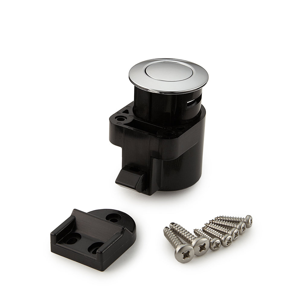 Bouton-pression de haute qualité avec fonction poignée, en alliage de zinc (ZDC), surface : chromée, design : rond, DPL-RO-CR. Bouton poussoir solide pour camping-cars, caravanes et bien plus encore, de Sugatsune / LAMP® (Japon)