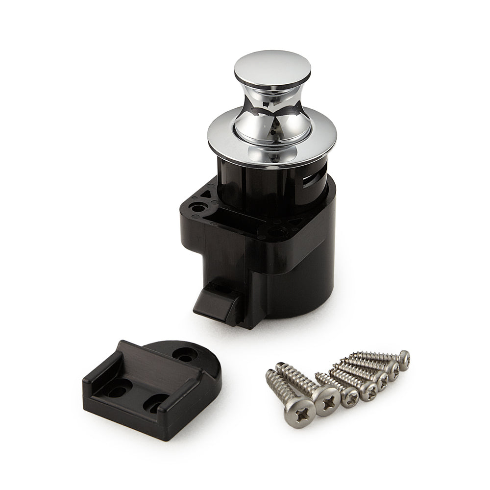 Bouton-pression de haute qualité avec fonction poignée, en alliage de zinc (ZDC), surface : chromée, design : rond, DPL-RO-CR. Bouton poussoir solide pour camping-cars, caravanes et bien plus encore, de Sugatsune / LAMP® (Japon)