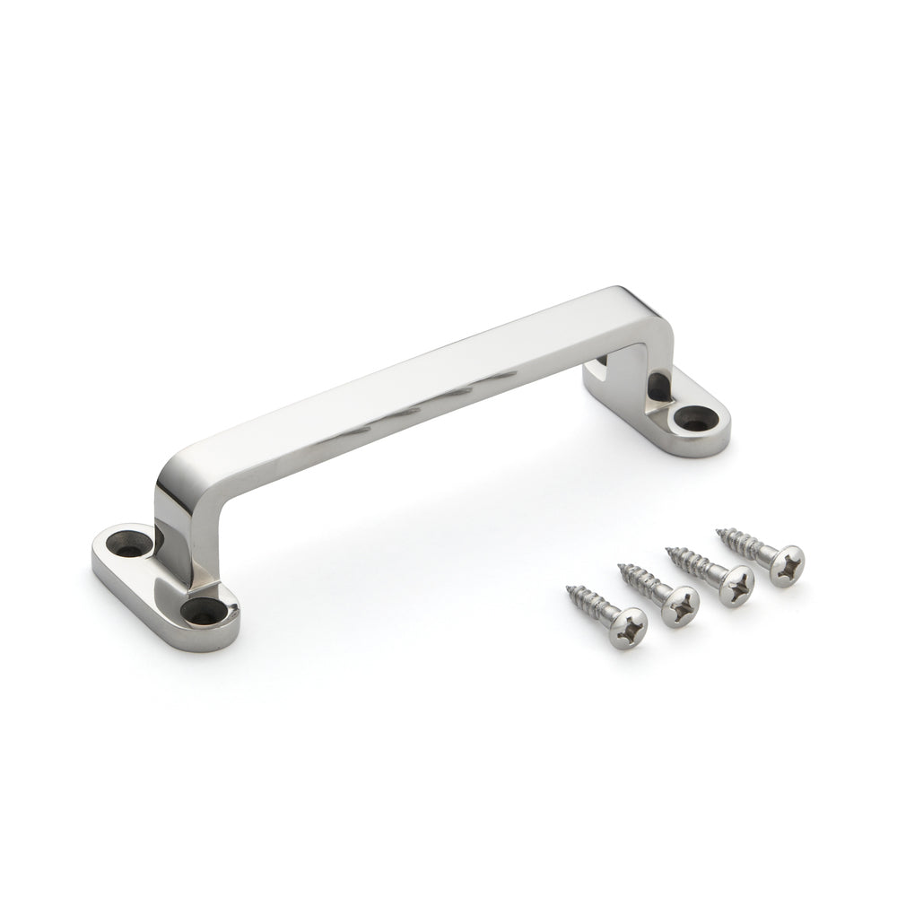 Stainless steel handle V2A (SUS304), 150 mm (6") FT-150. High-quality solid stainless steel handle made of V2A (SUS304), glossy polished with four mounting holes, for ships, boats, yachts, and stainless steel kitchens from Sugatsune / LAMP® (Japan).