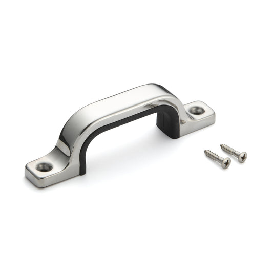 V2A (SUS304) stainless steel rubber grip, 120 mm (4.8") US-120M. High-quality V2A (SUS304) stainless steel rubber grip, glossy polished, for ships, boats, and humid environments from Sugatsune / LAMP® (Japan)