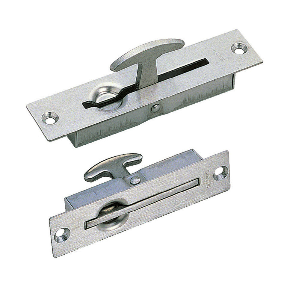 SUS304 stainless steel folding handle, 90 mm (3.6") ST-90. Stainless steel folding handle made of V2A stainless steel, satin finish, for ceiling doors, inspection hatches, damp environments, boats, and caravans from Sugatsune / LAMP® (Japan)