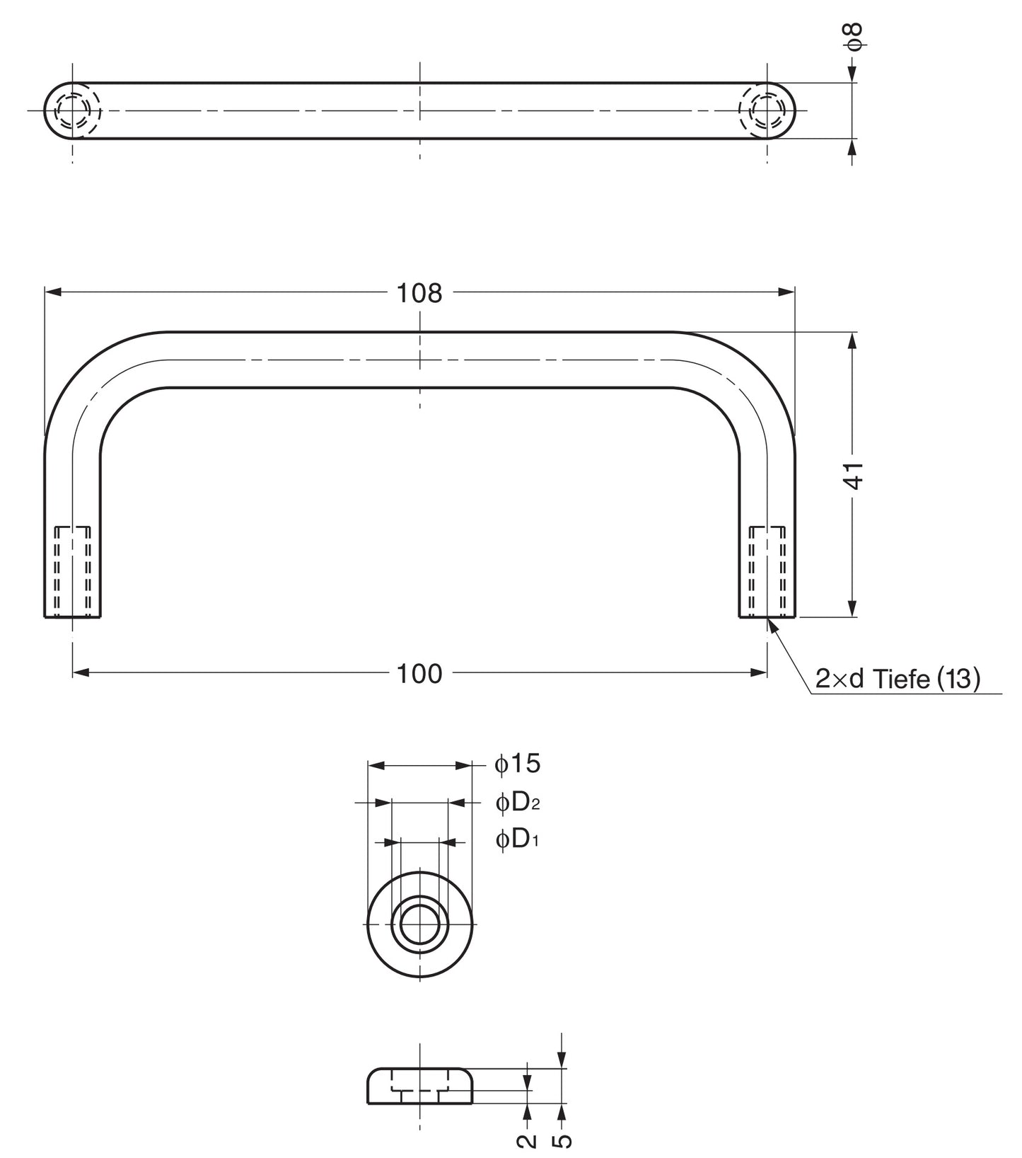 Stainless steel door handle V2A (SUS304) with washer, 108 mm (4.3") T-100-8S. High-quality stainless steel door handle made of V2A (SUS304), polished finish, for humid environments, ships, and medical applications from Sugatsune / LAMP® (Japan).