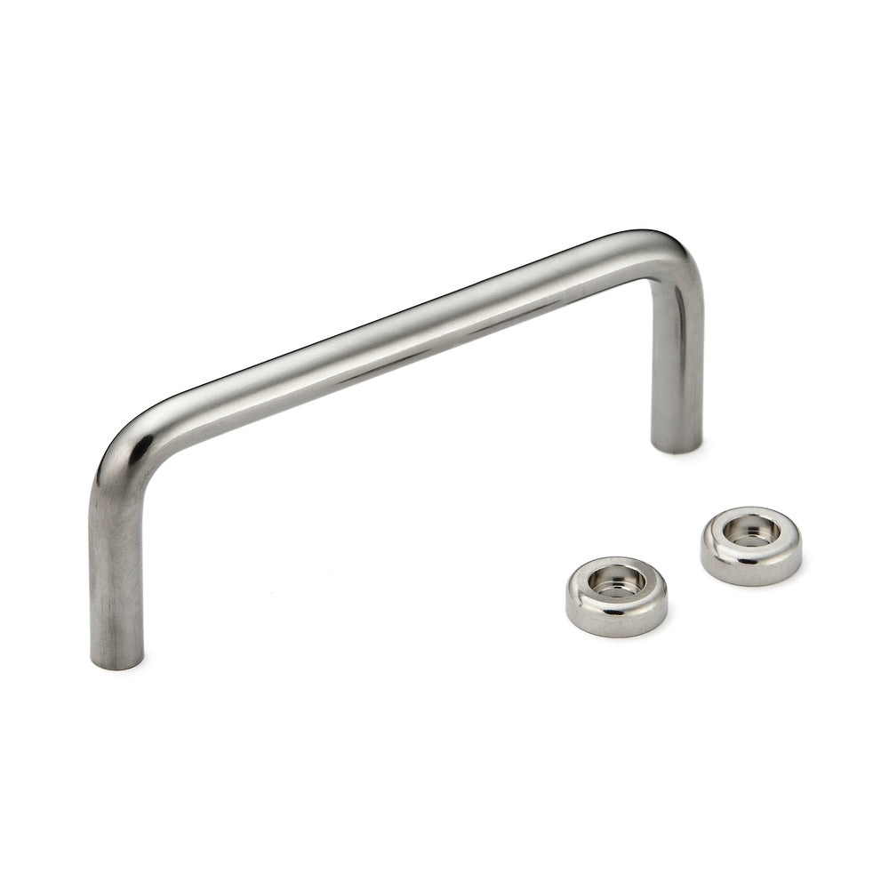 Stainless steel door handle V2A (SUS304) with washer, 108 mm (4.3") T-100-8S. High-quality stainless steel door handle made of V2A (SUS304), polished finish, for humid environments, ships, and medical applications from Sugatsune / LAMP® (Japan).